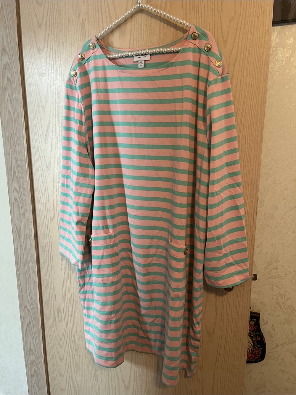 Isaac Mizrahi Pink & Mint Striped Midi Dress with Gold Buttons